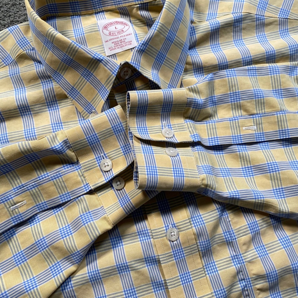 Brooks Brothers Button Down Shirt Mens L Regular Fit Yellow Blue Plaid Cotton